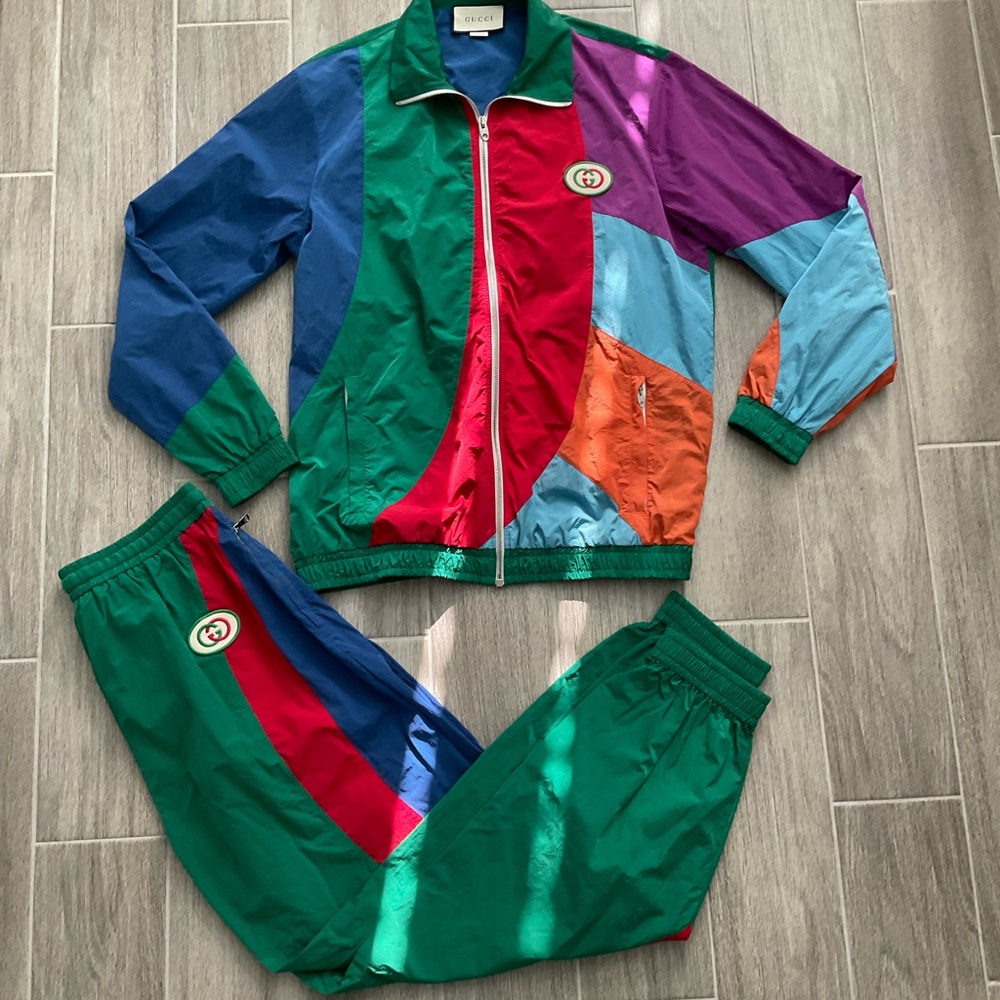 AUTHENTIC GUCCI MULTICOLOR GEOMETRIC OVERSIZED TRACK SUIT SZ GG S JACKET PANTS